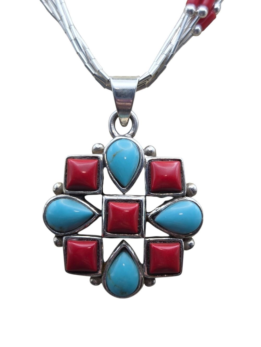 Sterling Silver Turquoise Red Coral Pendant Necklace 10g